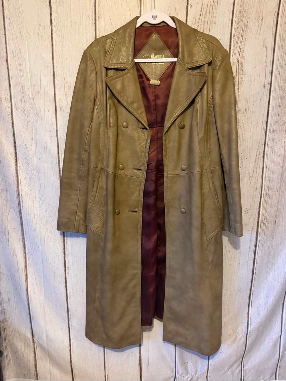 Vintage Marquis of London Leather Coat Tan Double Breasted Trench Made in Canada